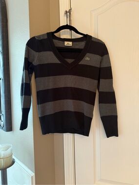 Lacoste Striped V Neck Sweater Preppy Y2K Crocodile Logo XS S”